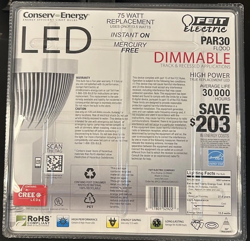 Feit Electric LED Dimmable Par30 Flood Light 650 Lumens 75W Equivalent Brand New - Image 2 of 3