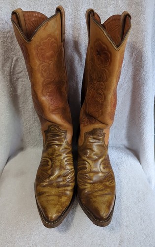 Vtg Texas Made in USA Brown Leather FLORAL Cowboy Western Riding Boots 9 D - Picture 5 of 8