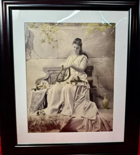 Antique Large 1896 Victorian 16x20 Schram Bros Albumen Photo Girl Playing Harp