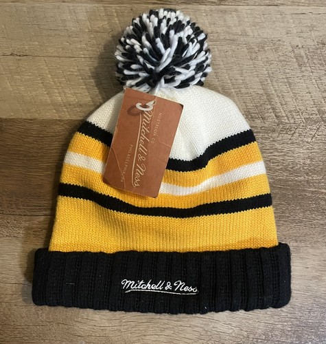 Los Angeles Lakers Mitchell & Ness Pom Beanie Hat Gold Black Stripe Brand New - Picture 2 of 7