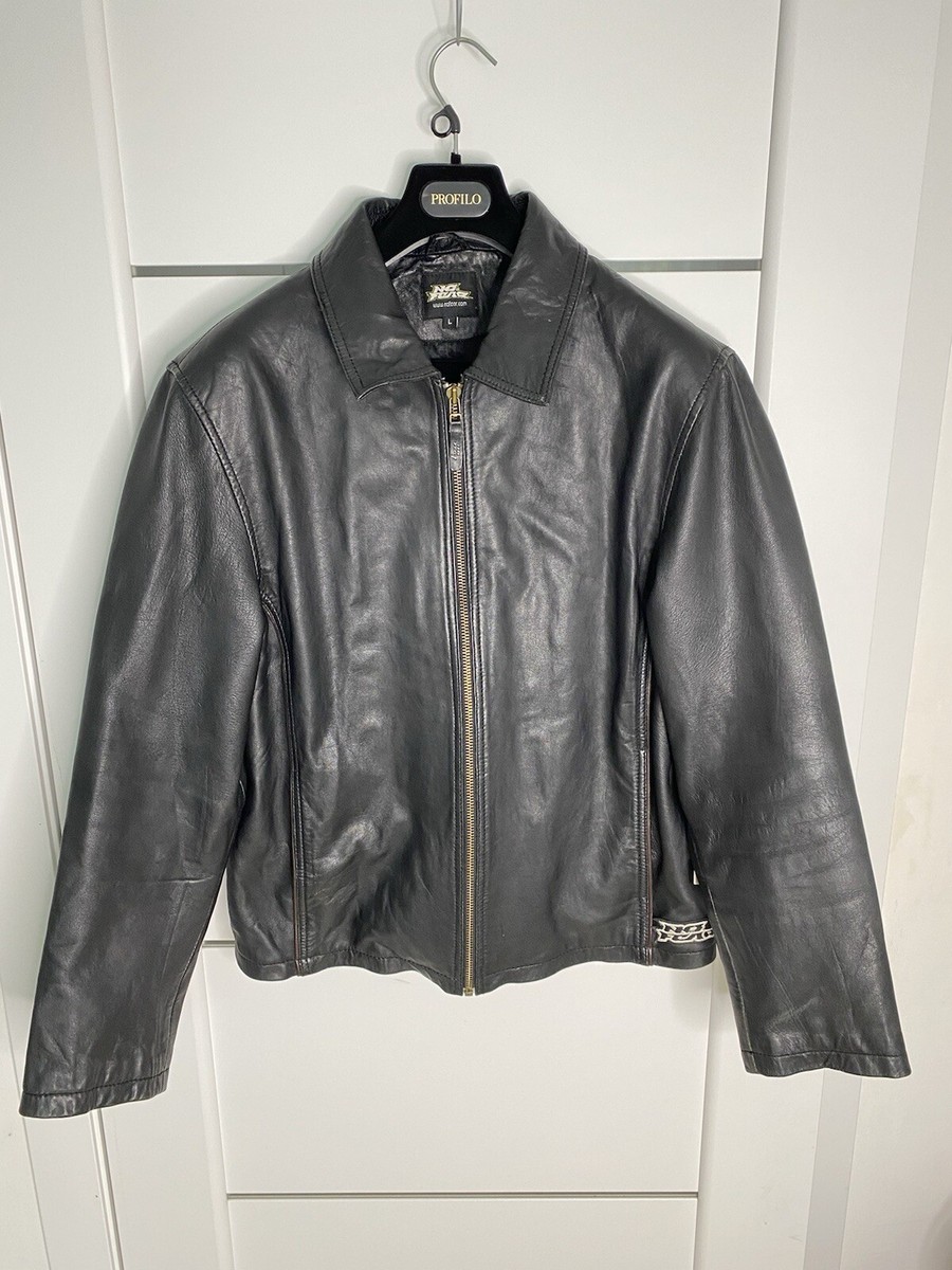 No Fear Real Leather Jacket Biker Retro Vintage Y2K Black Mens L