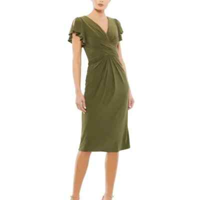 NEW  | MAC DUGGAL 12486 FLOUNCE SLEEVE MIDI DRESS OLIVE GREEN SIZE 8