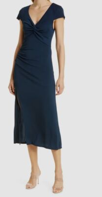 $425 Cinq à Sept Women's Blue Lucca Cap Sleeve Stretch V Neck Midi Dress Size 6