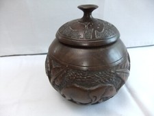 Vintage Hand Carved African Wooden Lidded Pot Lion, Rhino, Elephant 15 x 14 cm