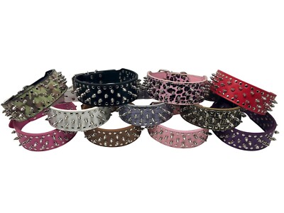 Dog Collar, Studded Spikes Rivet, Adjustable Faux Leather, 2'' wide,  S M L XL