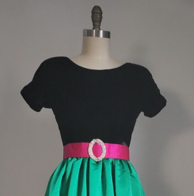 VTG EMERALD GREEN SATIN & BLK VELVET GOWN w/ FUSCHIA BELT RHINESTONE BUCKLE  | eBay