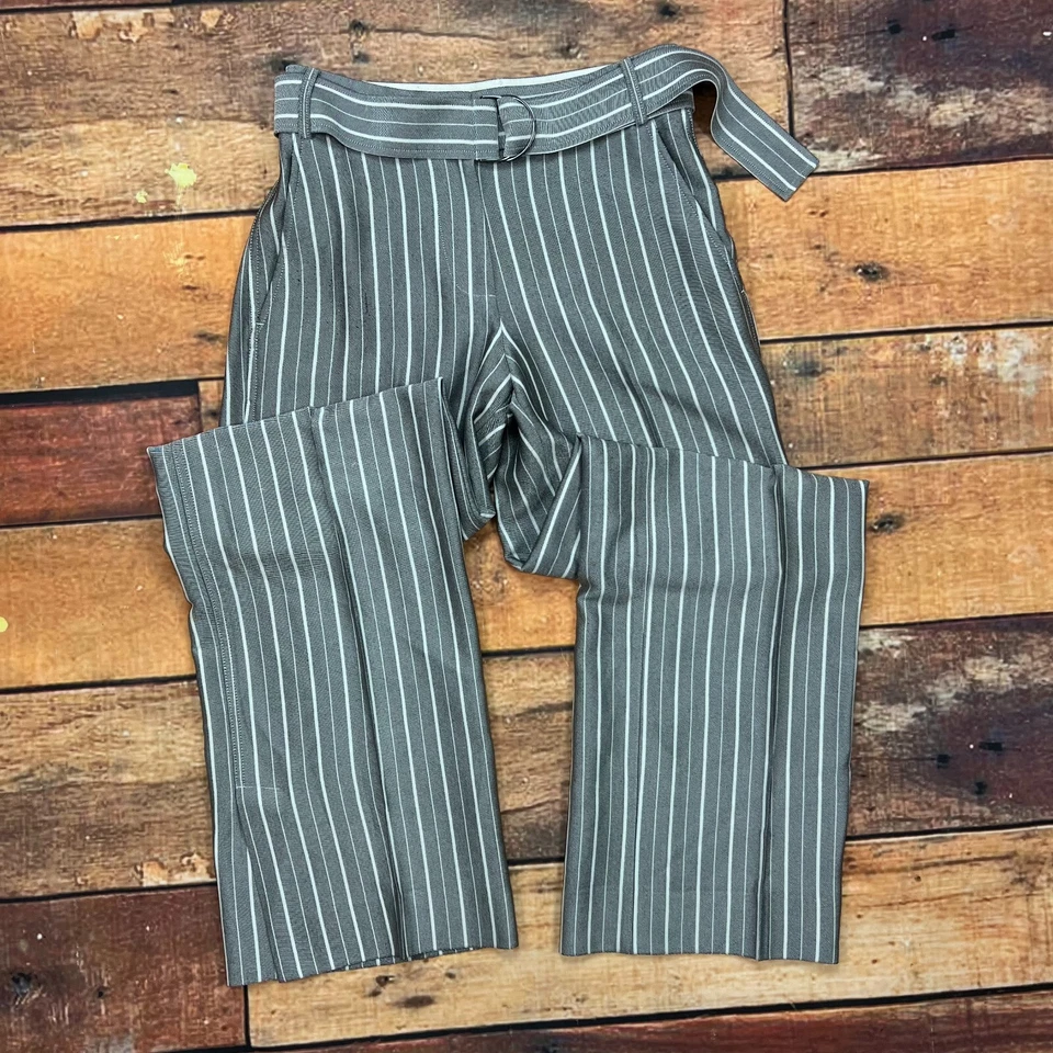 Pantalones Jason Wu Gris Cinturón Pierna Ancha Talla 0 Dobladillo Abertura Rayas Pantalón de tiro alto