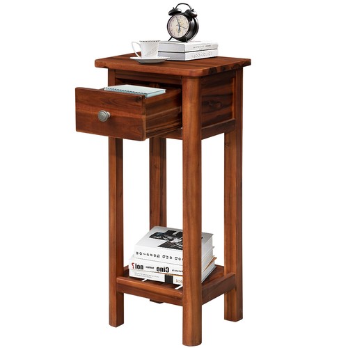 2 PCS 2 Tier End Bedside Sofa Side Table Acacia Wood Nightstand w/Storage Drawer - Picture 6 of 8