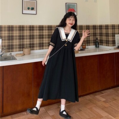 Damen Mädchen Midi Kleid marineblau Kragen plissiert japanisch JK Lolita Kawaii Preppy