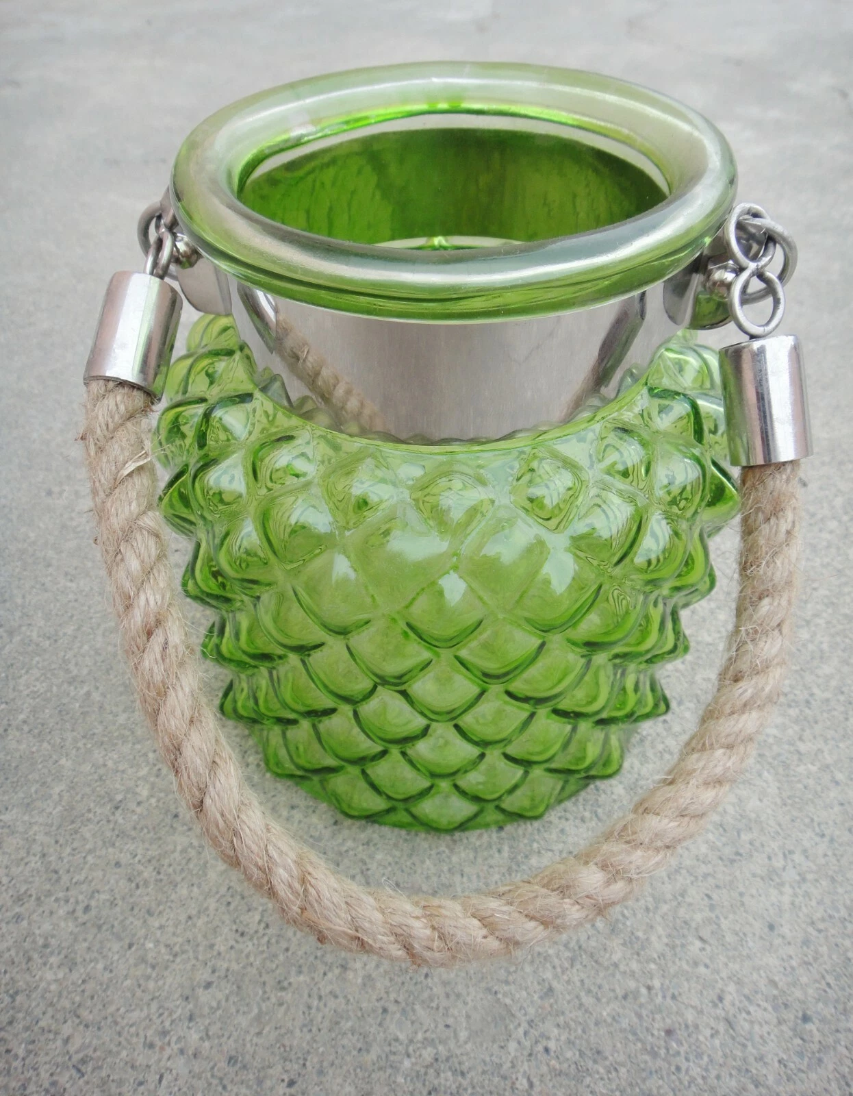 6" H Green Glass Jar In Pine Apple Design With Hanging Jute Rope
