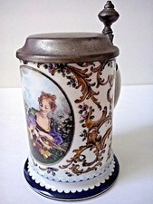 Vintage Kurt Hammer Germany Pewter Lidded Porcelain Beer Stein Mug