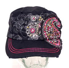 Bling It Up Woman's Hat Cap Pink Rhinestone Casual Paisley Strapback Distressed
