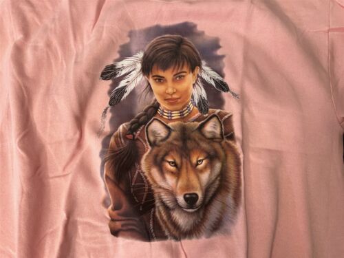 #3 VINTAGE 90'S JERZEES SWEATSHIRT PINK NATIVE AMERICAN GIRL W/ WOLF SZ XL - Picture 2 of 9
