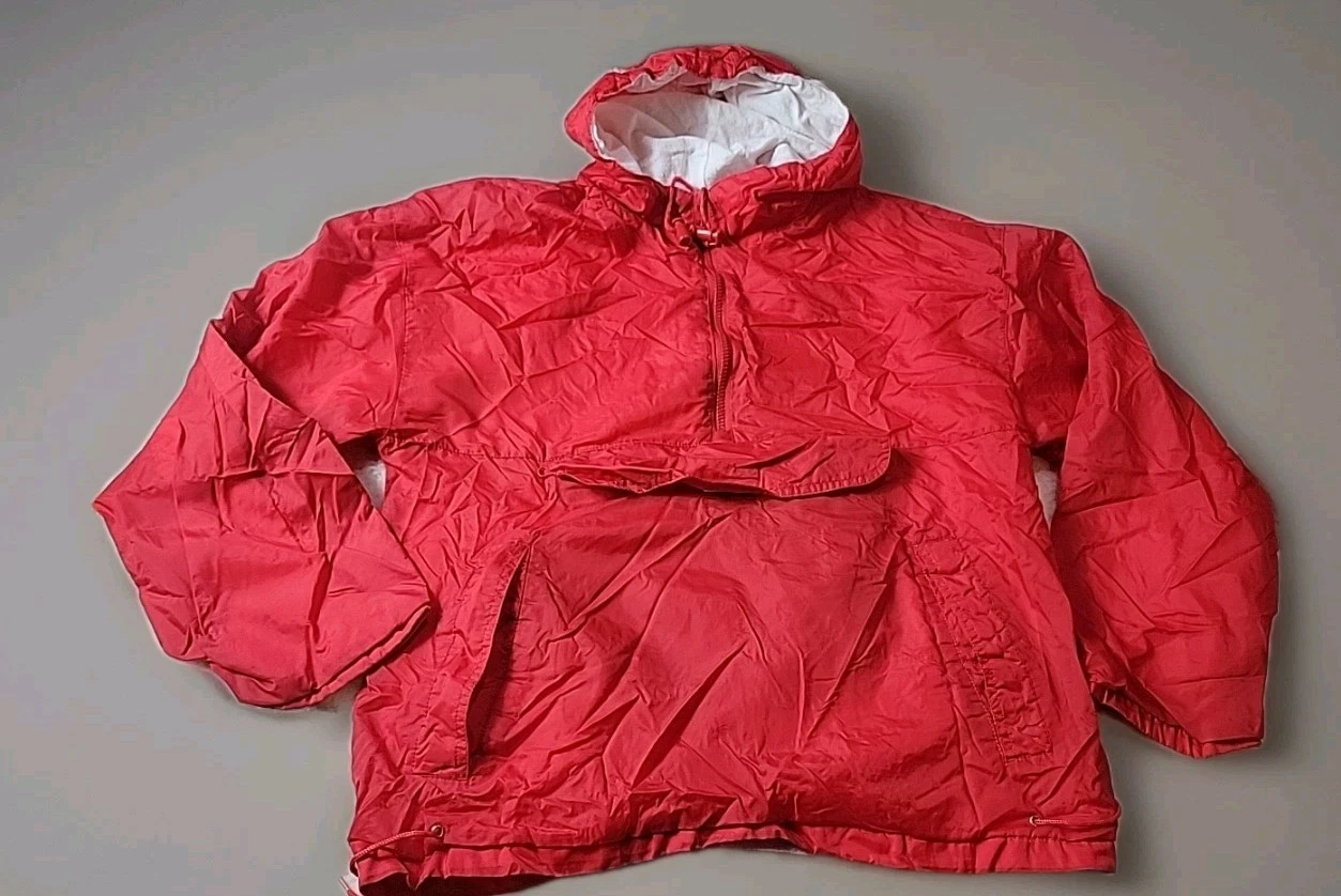 Lands End Packable Red Pullover Windbreaker Vintage Kangaroo Pouch Medium Hood