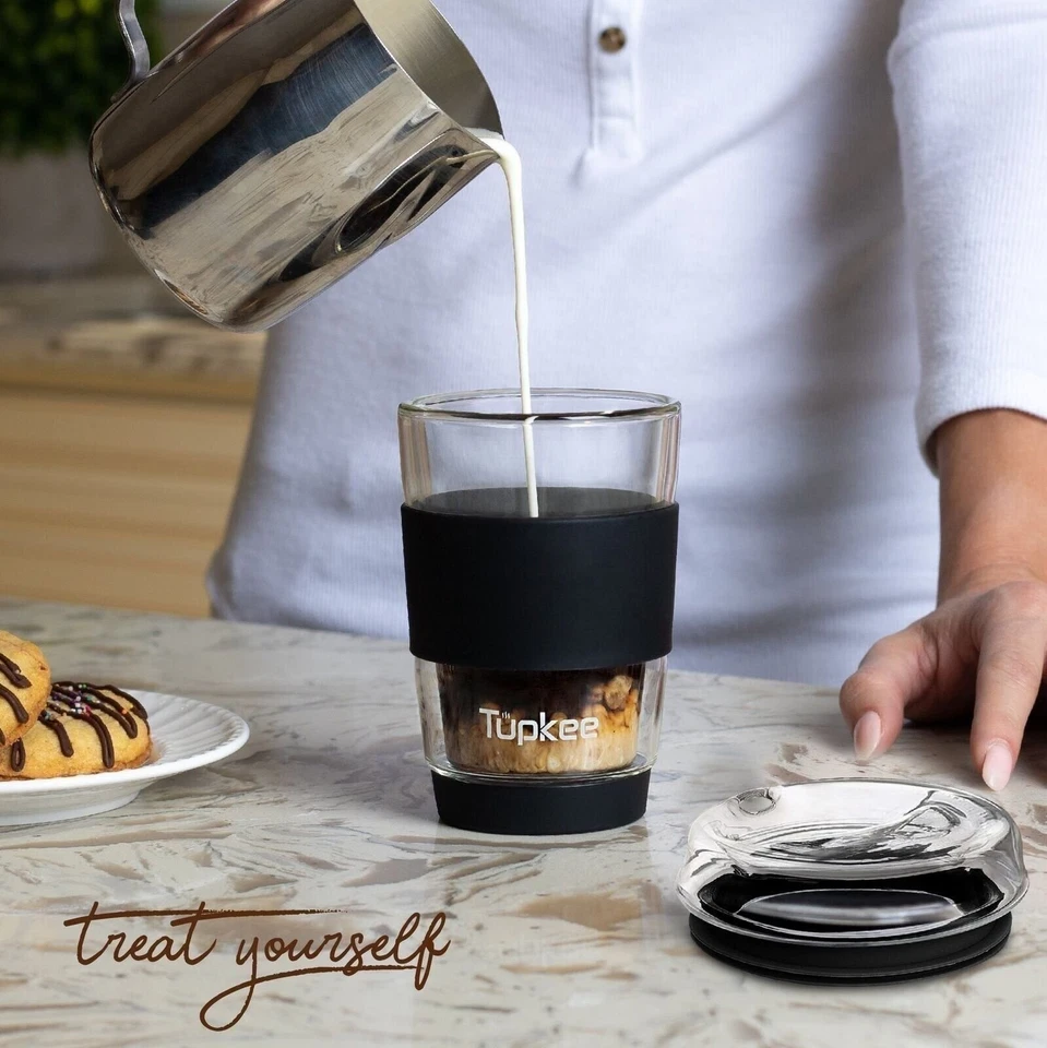 Vaso de vidrio de doble pared Tupkee - 8 onzas, taza y tapa de viaje de café de vidrio Foto 3 de 4