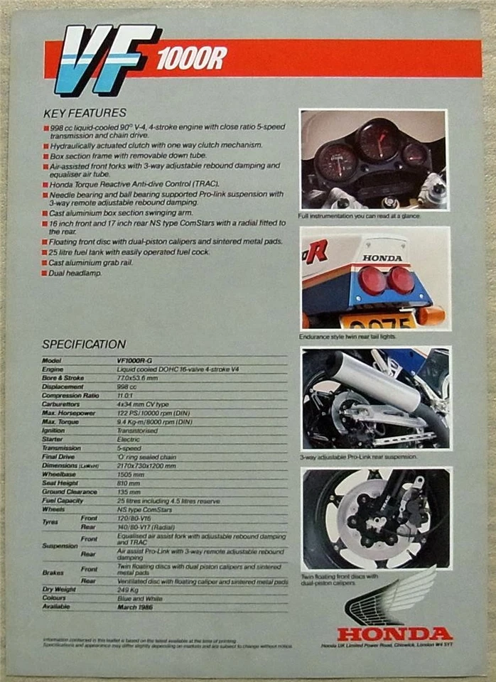 HONDA VF1000R V4 Super Sports Motorcycle Sales Specification Leaflet March 1986 - Image 2 of 2