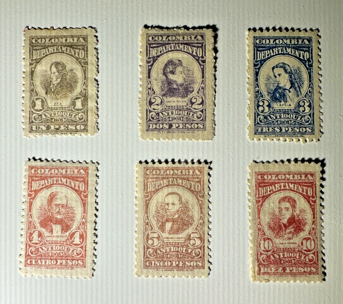 Colombia Antioquia 1903 Scott #152-157 Complete 6 Stamp Set 1-10 Pesos Unused