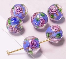 50PCS Handmade Lampwork Glass Beads Pink Rose on Blue Round Beads 10mm