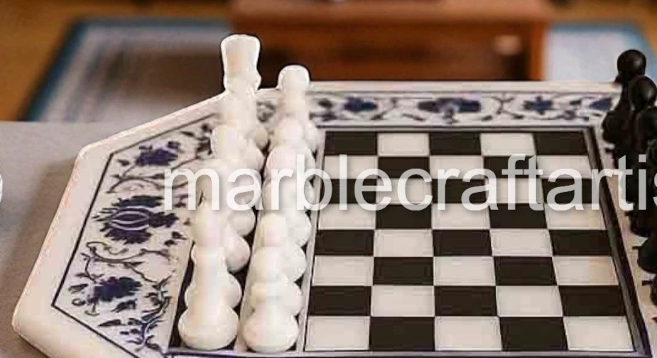 Juego de ajedrez con incrustaciones de mármol blanco con piezas para adultos diseño de arte floral de lapislázuli Foto 4 de 4