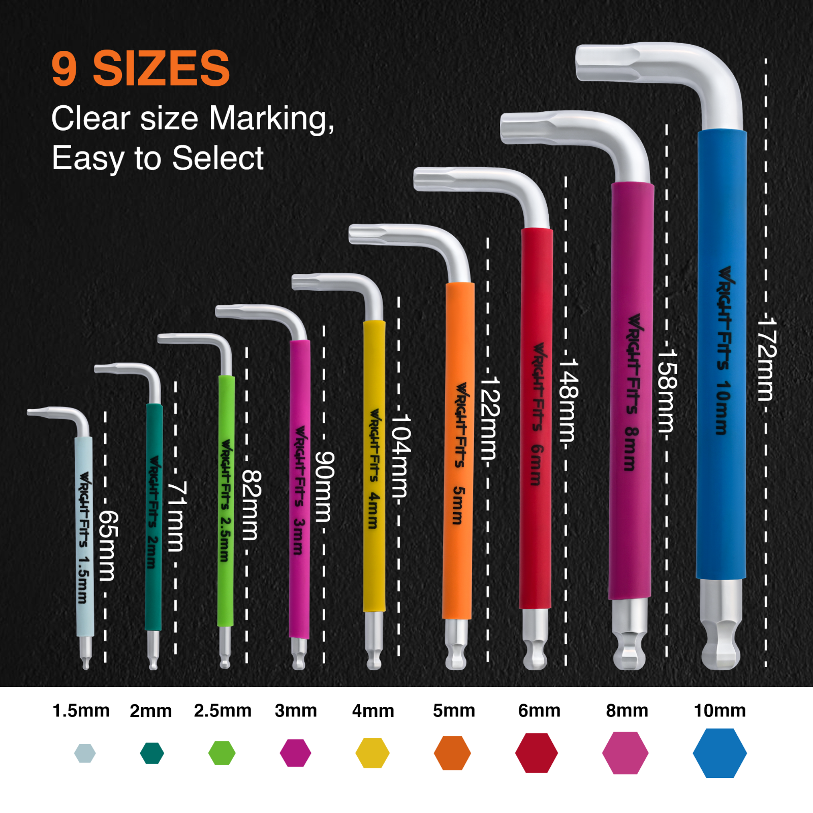 Allen Key Set Color Coded Metric 9 Pcs Ball End Long Folding Arm Alan Hex Keys
