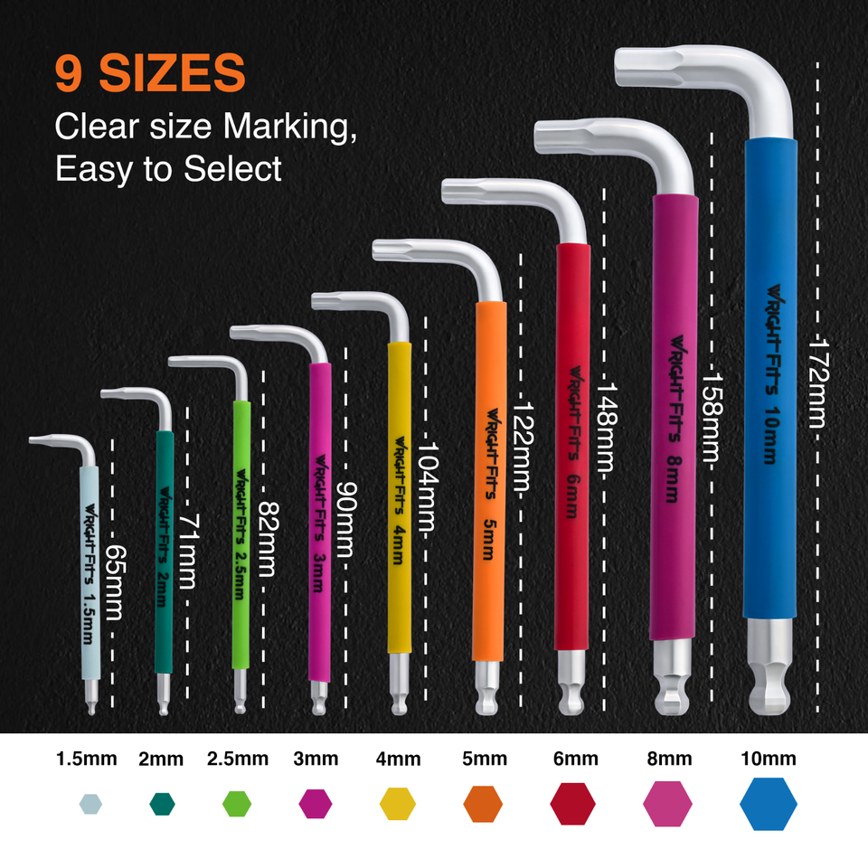 Allen Key Set Color Coded Metric 9 Pcs Ball End Long Folding Arm Alan ...
