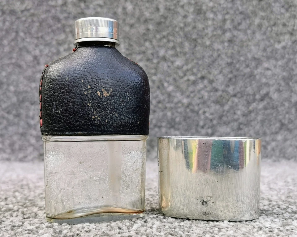 Antique Miniature Hip Flask 50ml Blown Glass Leather Screw Cap Removable Cup - Image 4 of 4