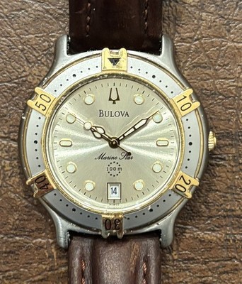 Bulova Marine Star Quartz Day-Date Silver Dial Brown Leather Strap 100m
