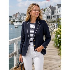 J.CREW Linen Blazer White Trim Gold Buttons Classic Navy Blue 2 Nautical Preppy