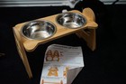 Adj Elevated Bamboo Pet Bowl Stand w/ears Double Stainless Steel bowls — photo 8