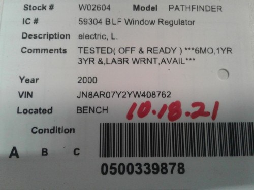 Driver Front Window Regulator Electric Fits 96-04 PATHFINDER 1322561 - Picture 3 of 12