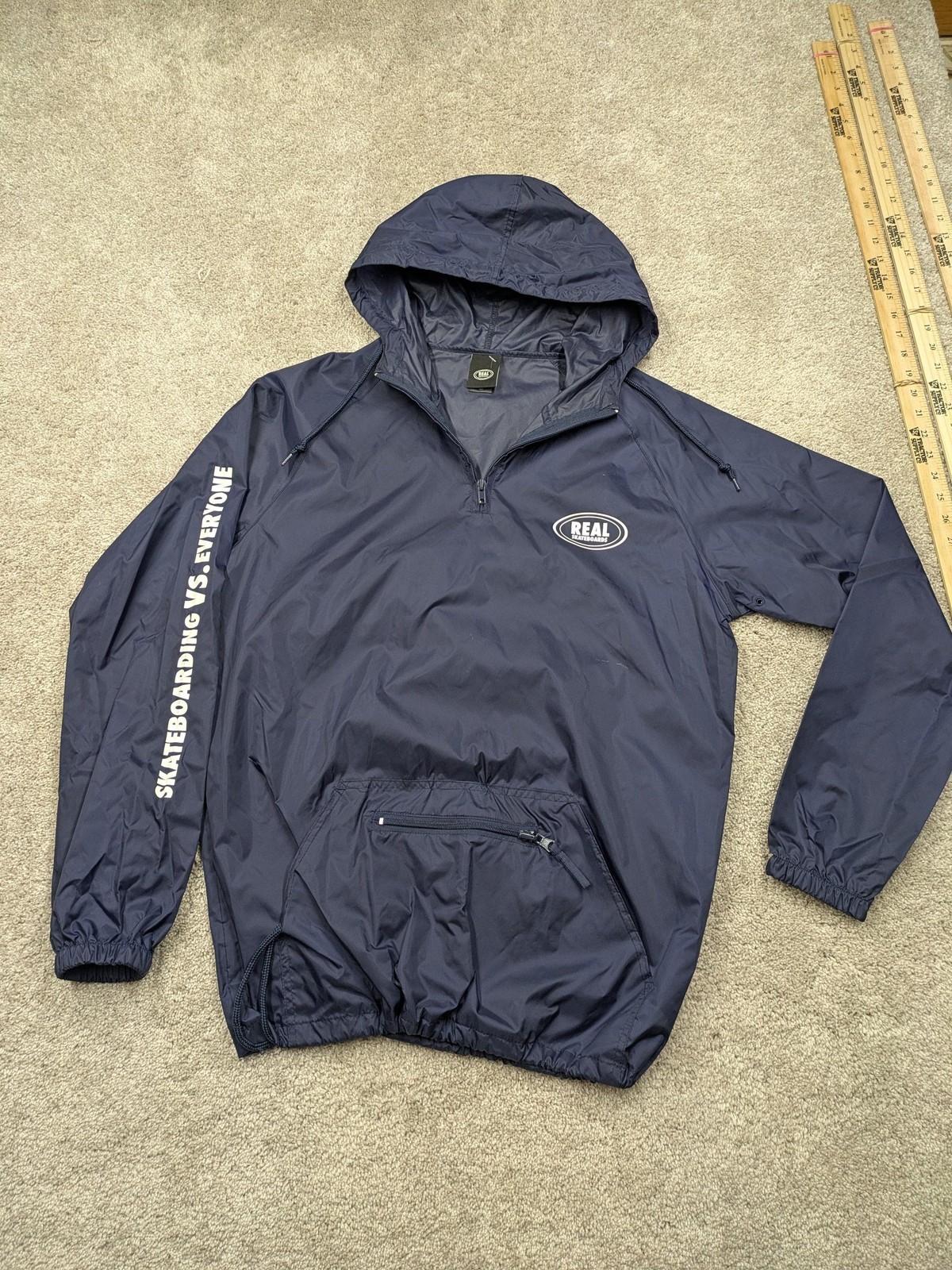 Jacket Mens Medium Navy Hooded Anorak Windbreaker Quarter Zi
