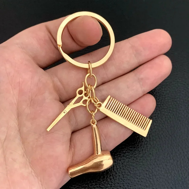 2025 golden Hair stylist essential hair dryer scissors comb Decorative Keychains