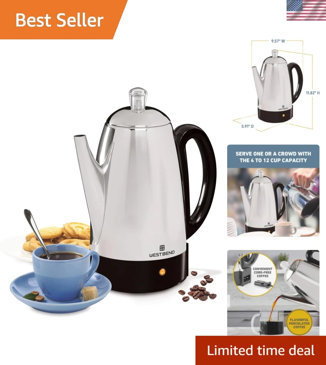 Electric Percolator Classic Style Coffee Maker with Heat Resistant Handle Bas...