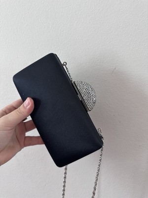 Carlo Fellini Black Clutch Crystal Accent Silver Hardware Chain Strap Women