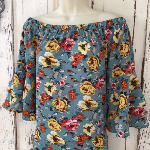 Xhilaration Juniors Size XS Blue Yellow Orange Floral Bell Sleeve Tunic Dress - Picture 5 of 9