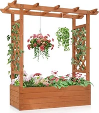 45"Raised Garden Bed w/ Trellis, Wood Planter Box with Hanging Roof,Side Trellis