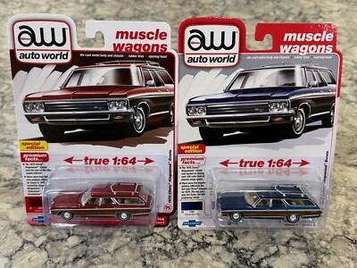 Auto World 2 Car Set 1970 Chevy Kingswood Estate Wagon Red & Blue 1/64