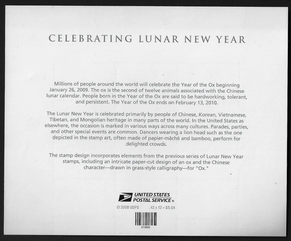 US Stamps Full Pane of 12, Celebrating The Year of Ox-Bull, #4375 MNH - Image 2 of 2