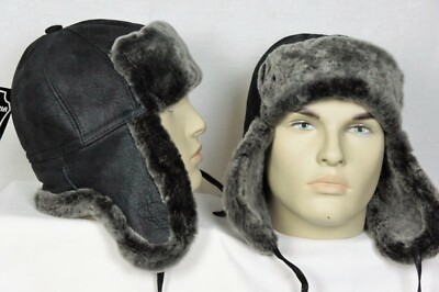 Black GrayAsh 100% Sheepskin Shearling Leather Hat Trapper Ushanka Hunting M-3XL