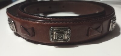 Vintage Fossil Brown Leather Belt Silver Square Studs Hearts  display picture 3