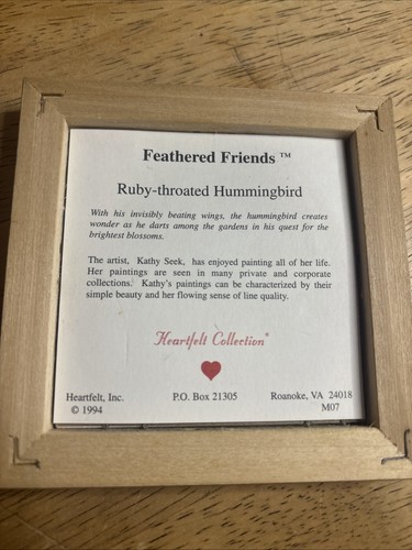 HEARTFELT Kathy Seek Framed Art Ruby-throated Hummingbird 4”’ Feathered Friends - Picture 3 of 4