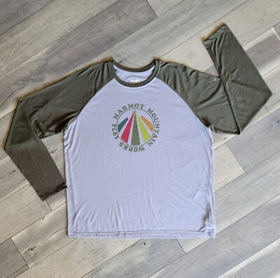 #ad Marmot Mountain Works Shirt XXL Grey Green Raglan Sleeve Outdoor Hike Pullover $13.99
