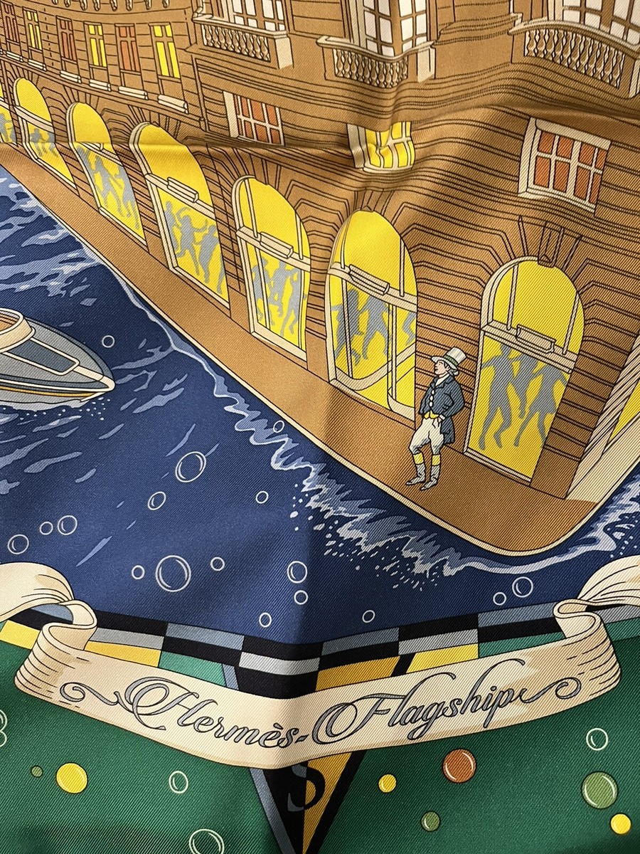 BRAND NEW - Hermes Flagship scarf 90/Émeraude / Bleu Jean