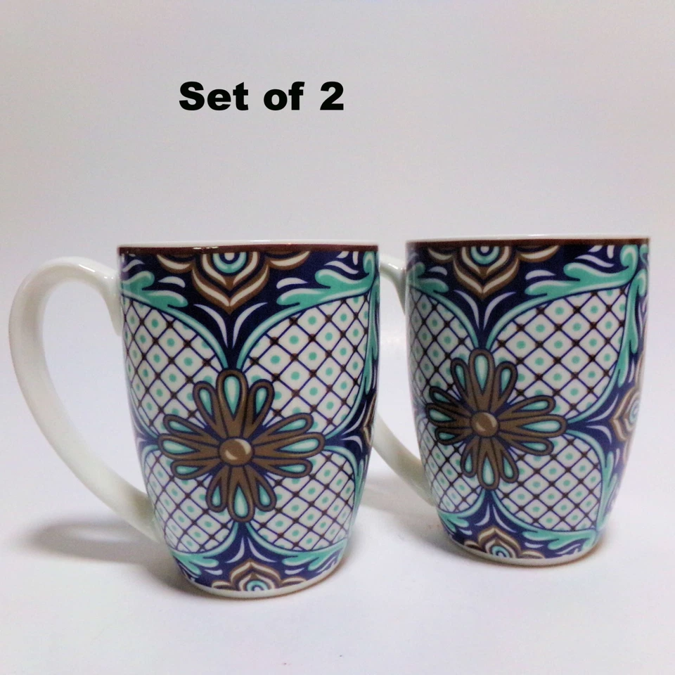 VanCasso: Set of 2 Coffee Mugs Porcelain Jasmin Royal Blue 4"T Geometric Design - Image 2 of 4