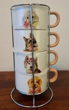 Pier 1 Stackable 5 Piece Set Dogs Mugs Cups, pink, kitchen, home