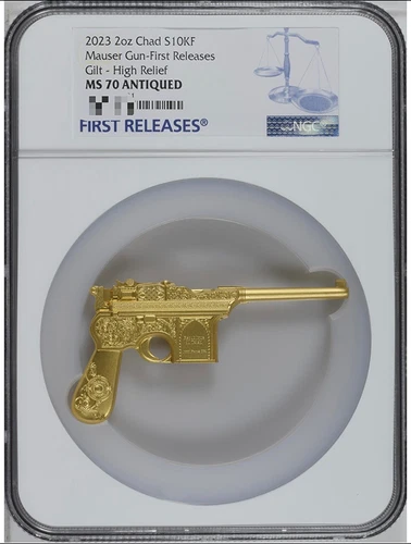 NGC MS70 ANTIQUED 2023 2oz Chad S10KF Mauser Gun-First Releases Gilt-High Relief