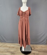 Blush Dress Womens Small Brown Puff Sleeve Boho Maxi Ruffle Hem Smocked Waist