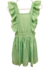 Vintage Green White Gingham Ruffle Dress Apron Tie Back Cottagecore Adjustable