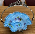 Vintage Fenton Blue Overlay Silver Crest Bride's Basket Ruffled Hand Painted