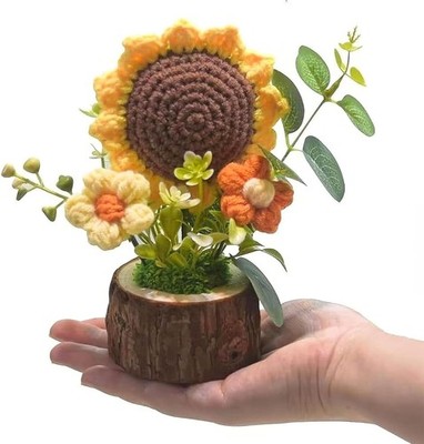 Handmade Crochet Sunflower Bouquet Knitted Mini Potted Plant Desk Decor Gift Set